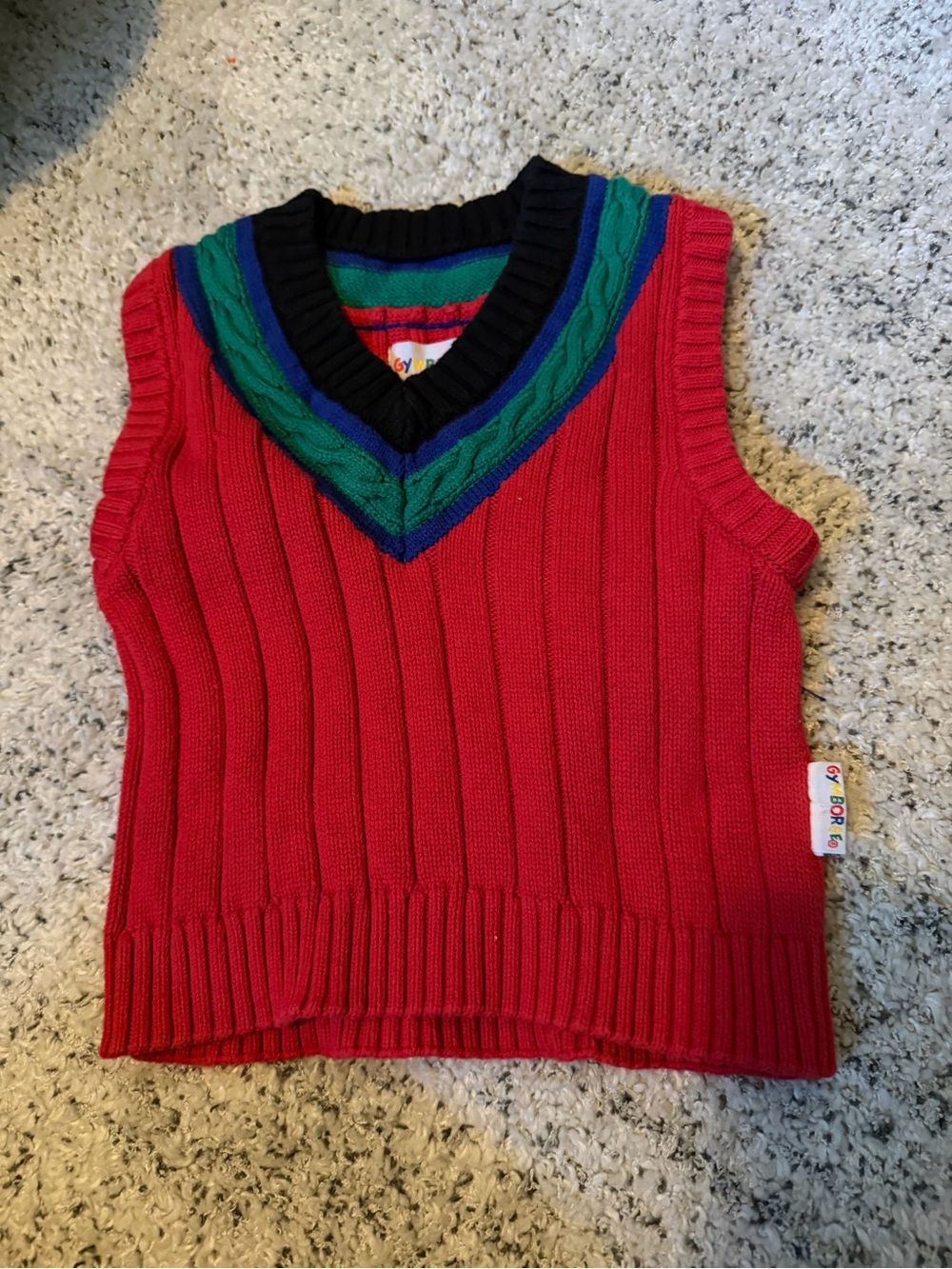 VINTAGE Gymboree Red Knit Vest with Green, Blue & Black Trim XS